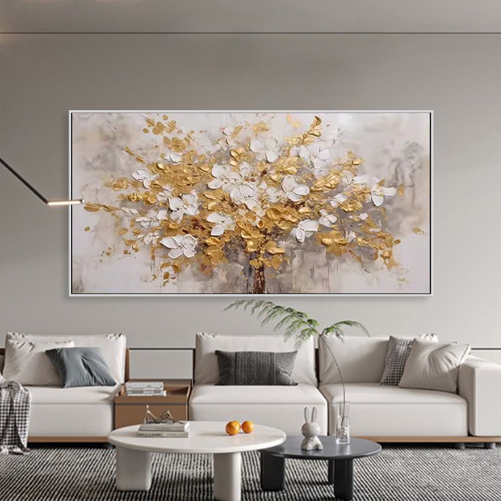Handgemaltes Ölgemälde Auf Leinwand – Floraler Goldbaum, Modernes Abstraktes Kunstwerk, 12 Zoll, Für Wohnzimmer & Schlafzimmer