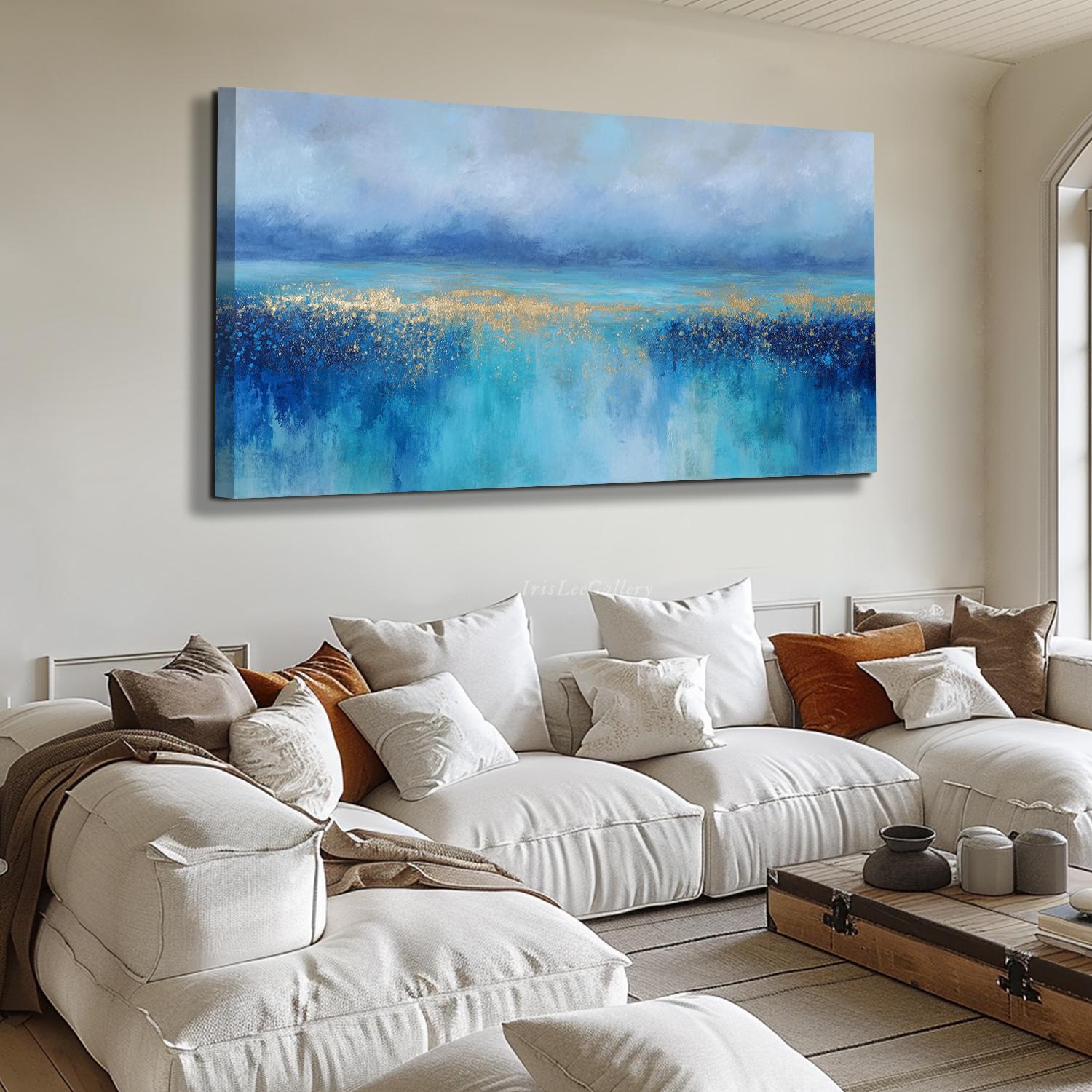 Blue and Gold Textured Wall Art Abstract Painting on Canvas Modern Teal ...