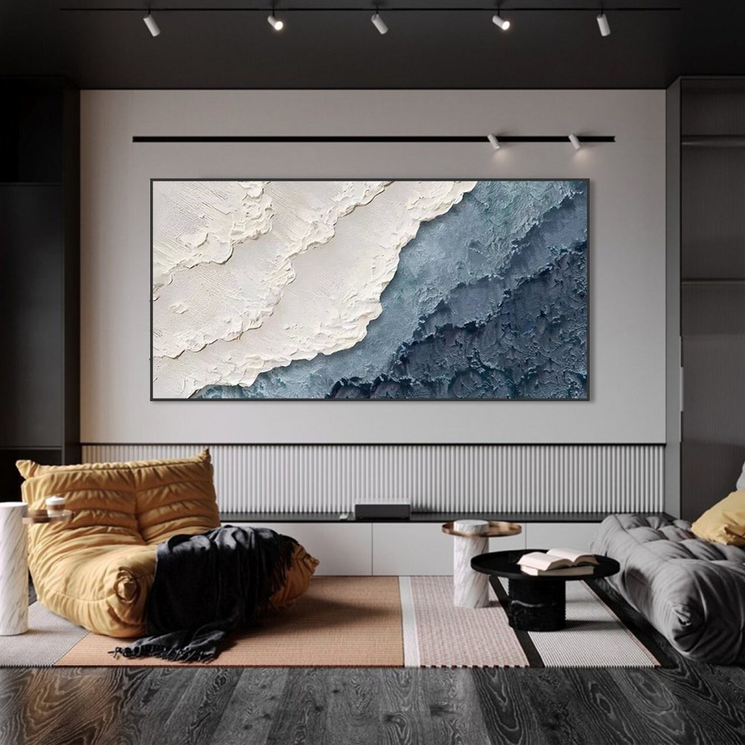 3D Minimalist Blue Ocean Painting on Canvas Earth Tone Waves Art ...