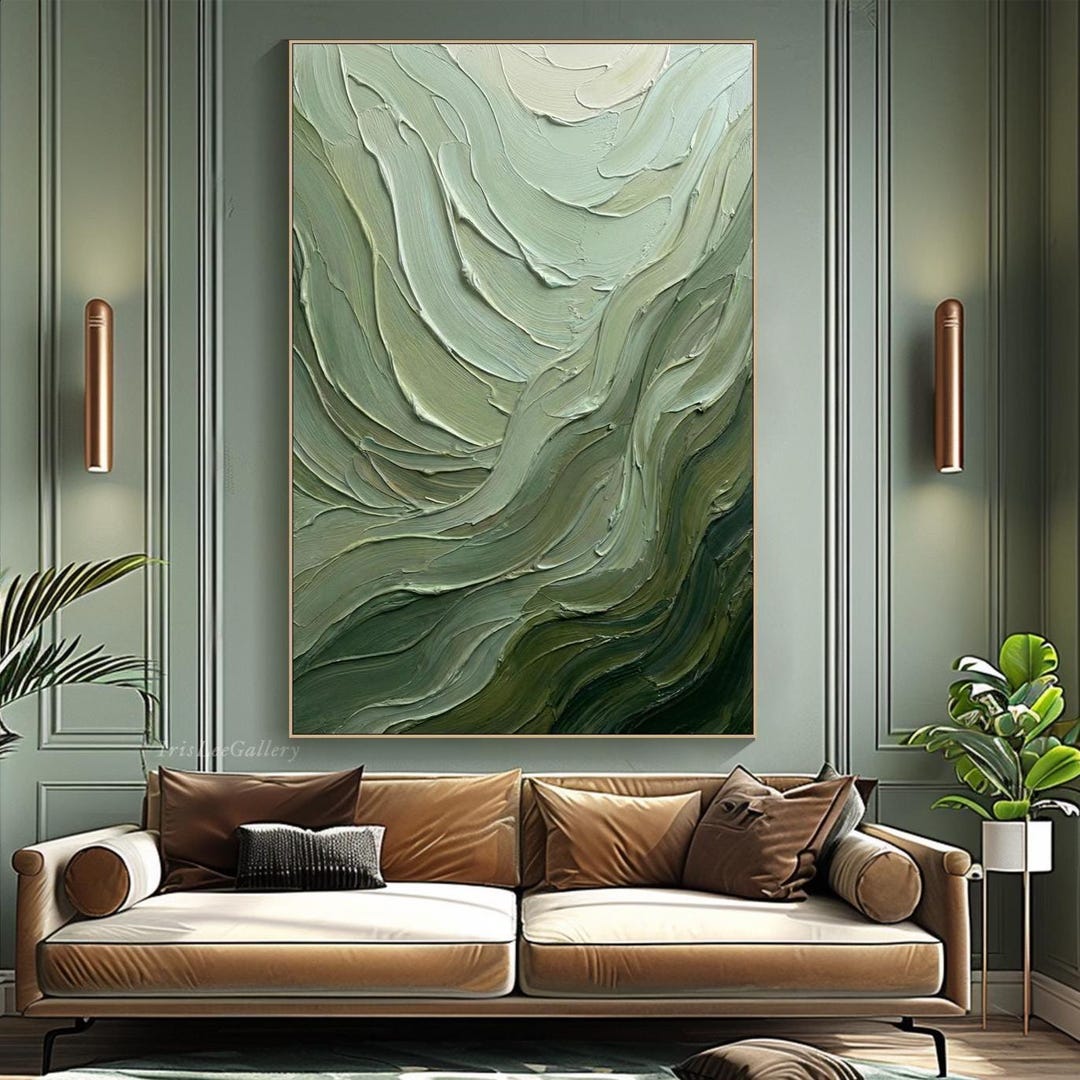 Sage Green Oil Painting on Canvas 3D Impasto Textured Wall Art Handmade ...