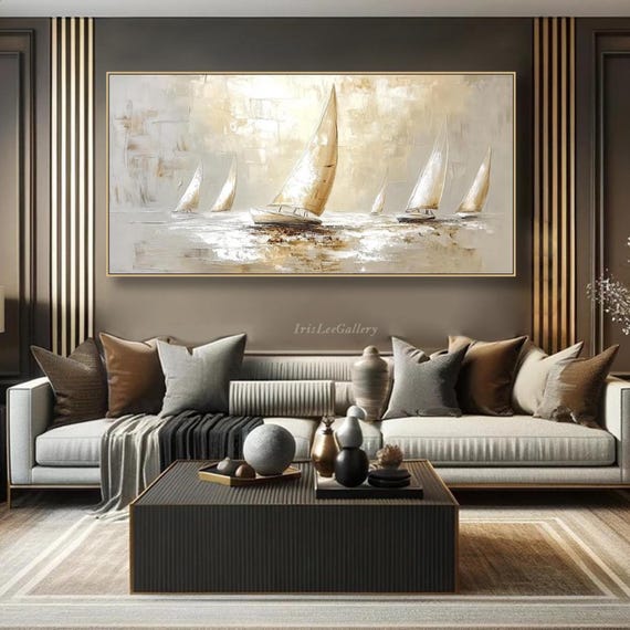 Abstract Sailing Boat Oil Painting On Canvas Horizontal Textured Wall Art Large Coastal Beige Sailboat Canvas Art Hand Painted Ocean Decor
