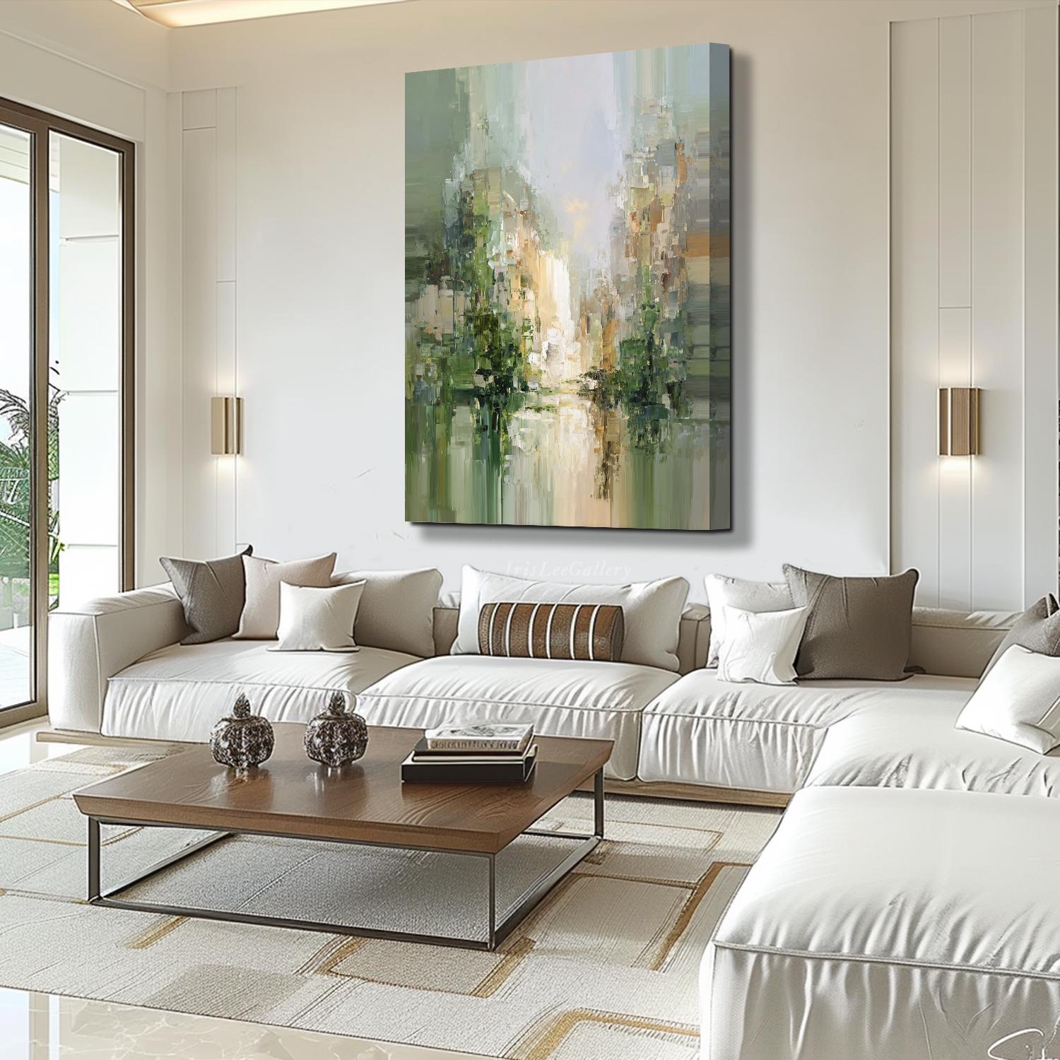 Abstract Landscape Oil Painting on Canvas Green Beige Textured Wall Art ...