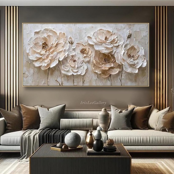 White Flower Oil Painting On Canvas 3D Textured Wall Art Modern Neutral Peony Impasto Wall Art Original Hand Painted Horizontal Home Decor