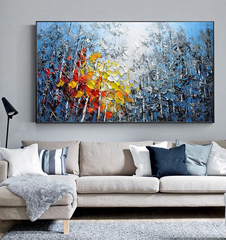Large Original Oil Painting On Canvas,Blue Sky&Colorful Forest Painting,Living Room Wall Art,Hand-painted Heavy Textured Impasto Painting