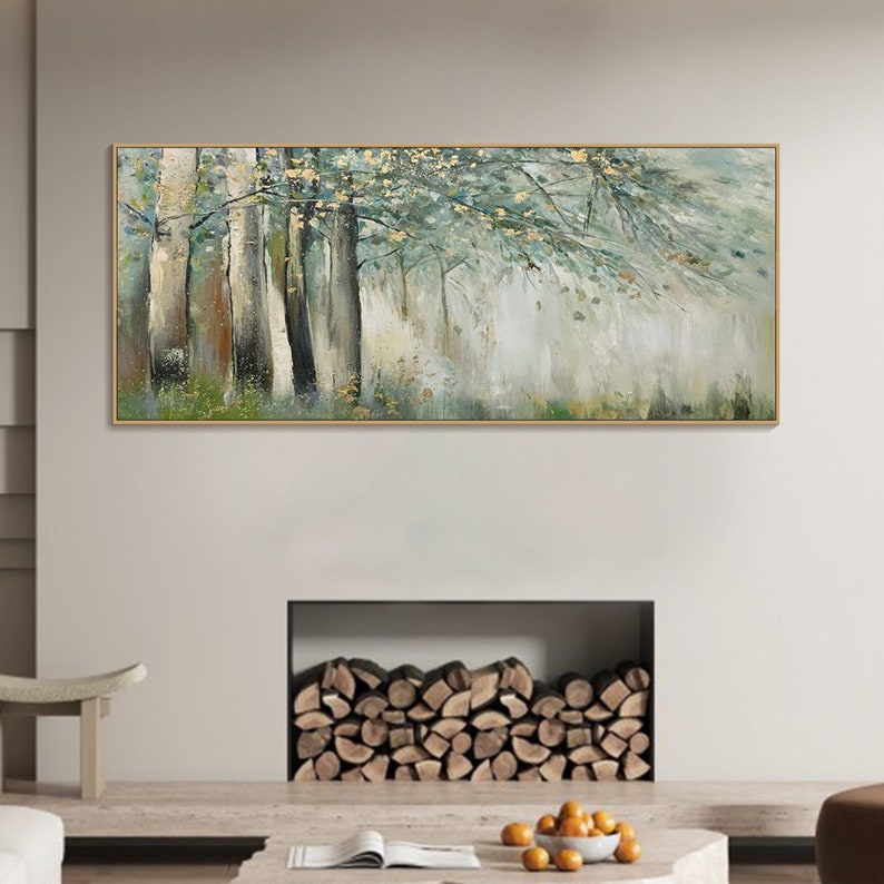 Original Green Gold Forest Painting On Canvas 3D Abstract Textured Wall Art Skyward View Trees Art Living Room Art Natural Scenery Painting image 8