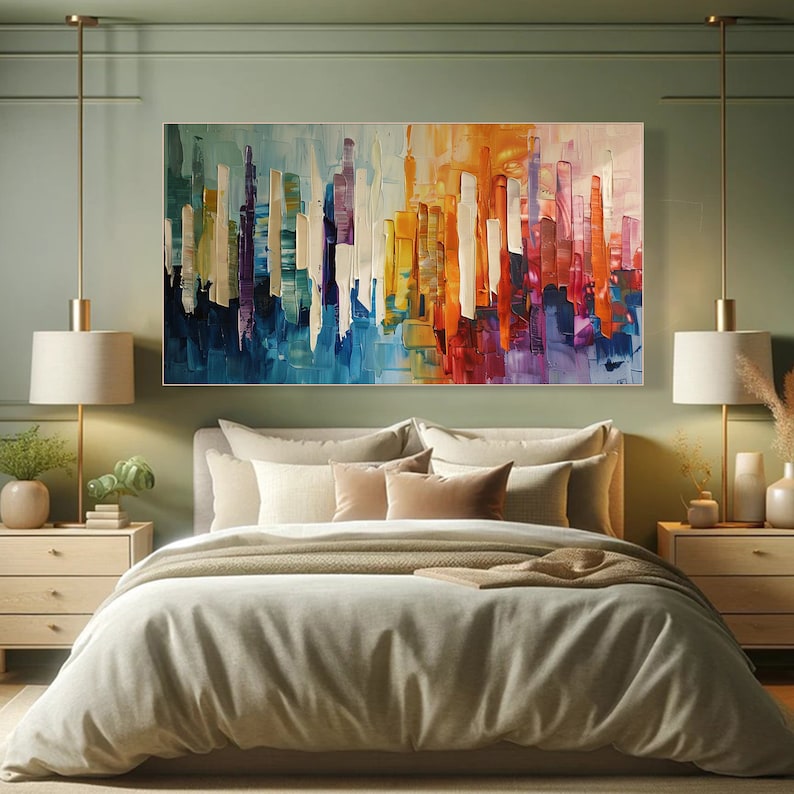 Puede incluir: Pintura abstracta de un horizonte urbano en tonos de azul, morado, amarillo, naranja y rojo. La pintura est&aacute; colgada sobre una cama con un edred&oacute;n blanco y almohadas beige.