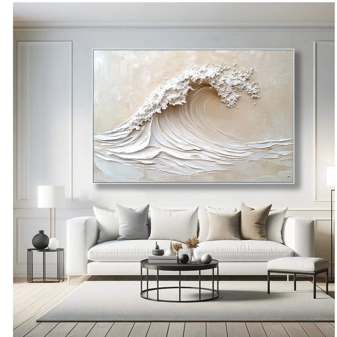 3D Beige Wave Oil Painting on Canvas Textured Abstract Ocean Wall Art ...