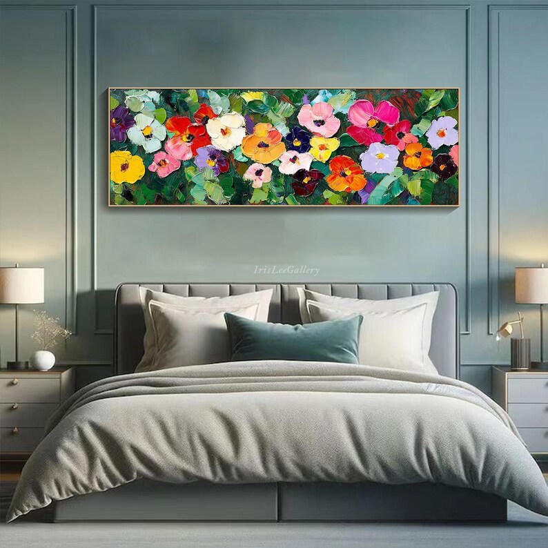Horizontal 3D Textured Flower Wall Art Large Long Wide Floral Painting