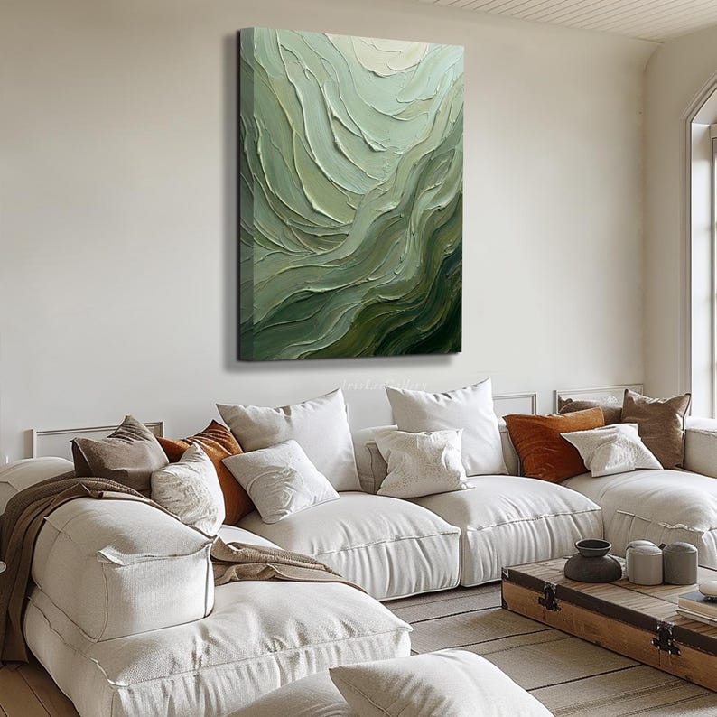 Sage Green Oil Painting on Canvas 3D Impasto Textured Wall Art Handmade ...