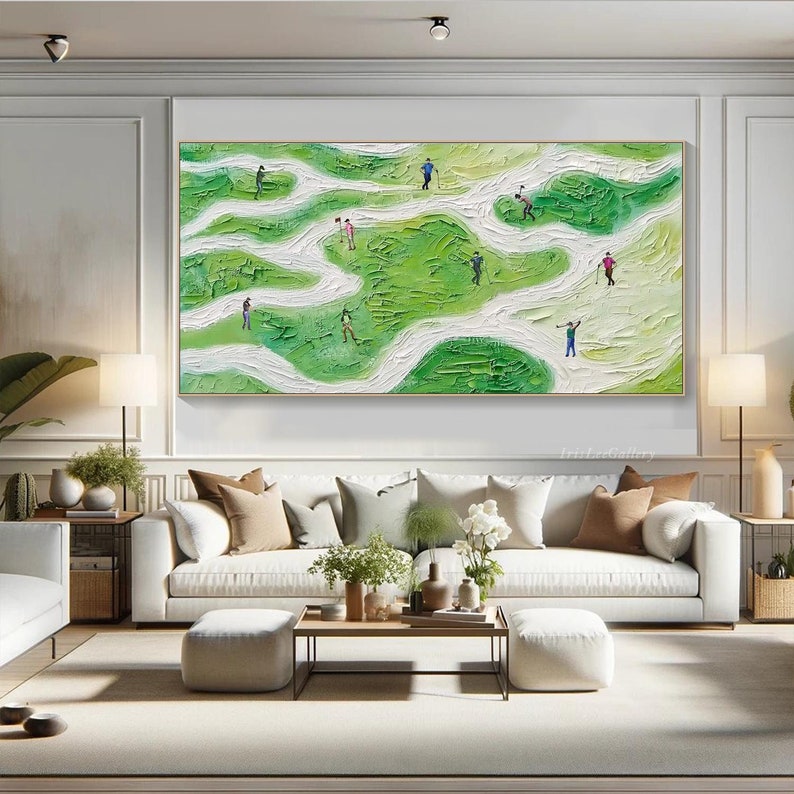 May include: Abstract painting of a golf course with green and white colors. The painting features multiple figures playing golf on the course.