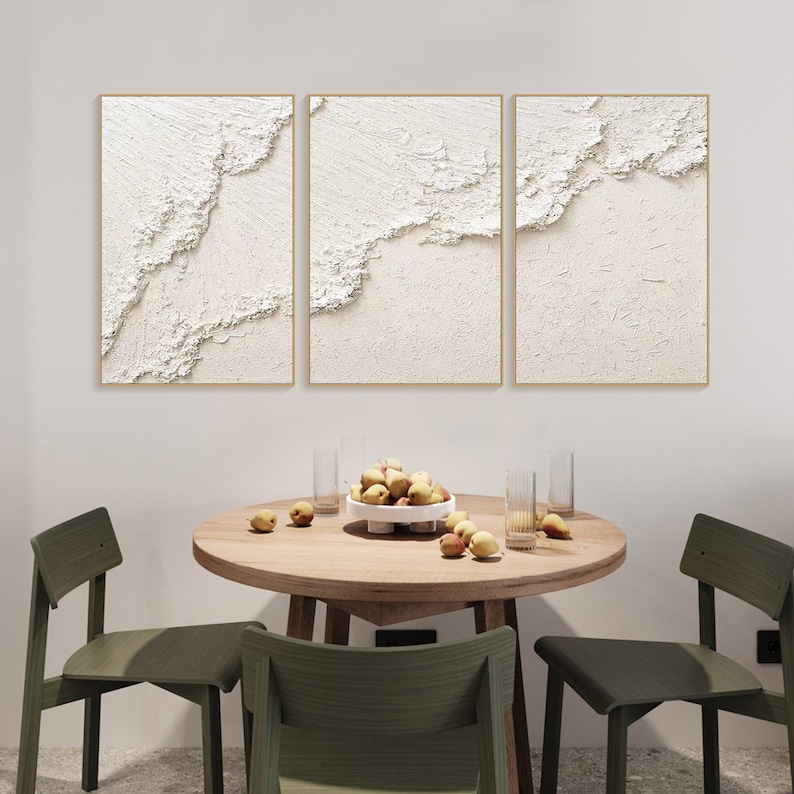 Original 3D White Minimalist Textured Wall Art Triptych Ocean Wave Painting on Canvas Neutural Tone Wabi-Sabi Wall Art Living Room Painting image 8