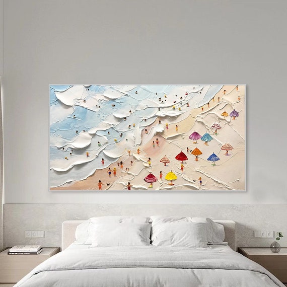 Happy Coast Painting on Canvas Custom Texture Wall Art Swimming Painting Modern Beach House Decor Summer Costal Art Crowds on the Shore Art