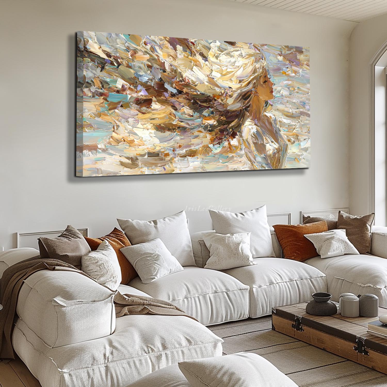 Abstract Woman Oil Painting on Canvas Textured Golden Wall Art Large ...
