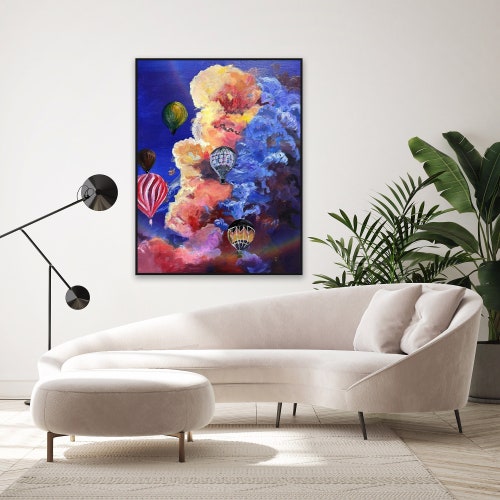 Original Colorful Oil Painting on Canvas popular Hot Air Balloon Painting Clouds Art Boho Canvas Wall Art Living Room Wall Art Fashion Wall Decor