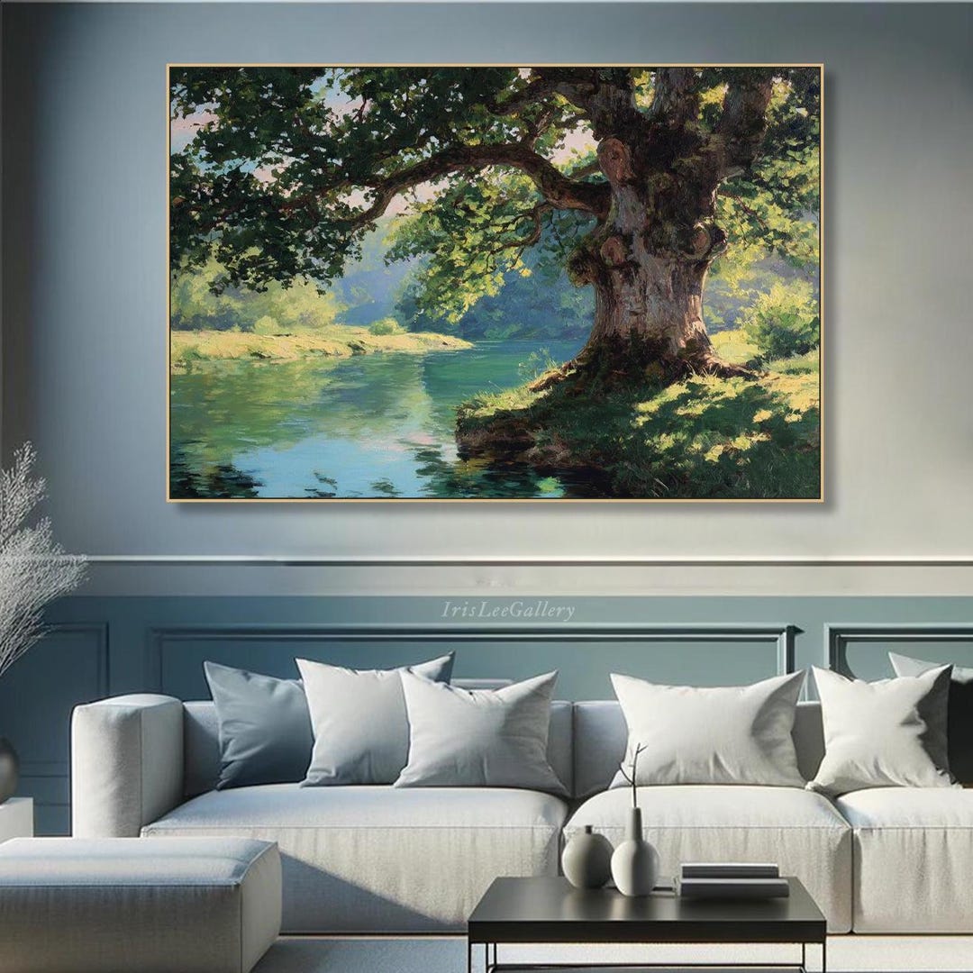 Green Tree Oil Painting on Canvas Textured River Landscape Wall Art ...