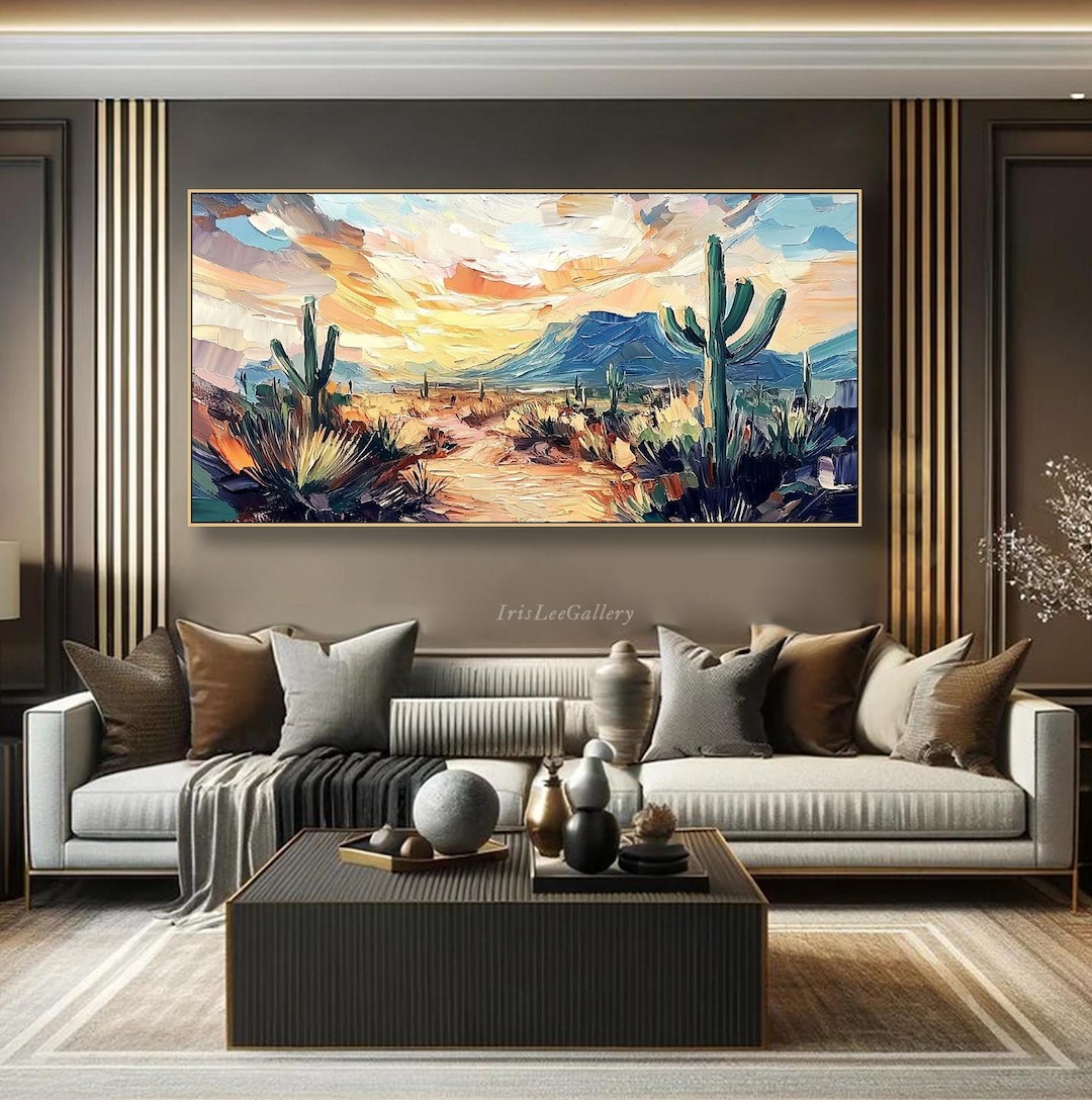 Textured Desert Cactus Wall Art Large Colorful Desert Oil Painting Boho ...