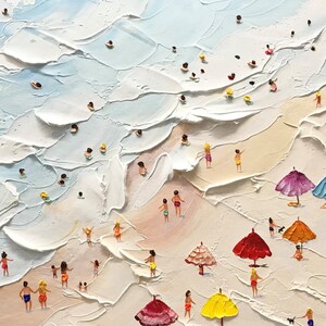 May include: A painting of a beach scene with people swimming and sunbathing. There are colorful umbrellas and a dog on the beach. The painting is done in a textured style, with thick layers of paint.