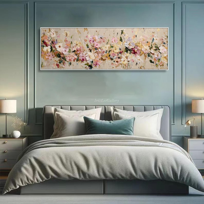 Abstract Floral Oil Painting on Canvas Textured Pink White Wall Art ...