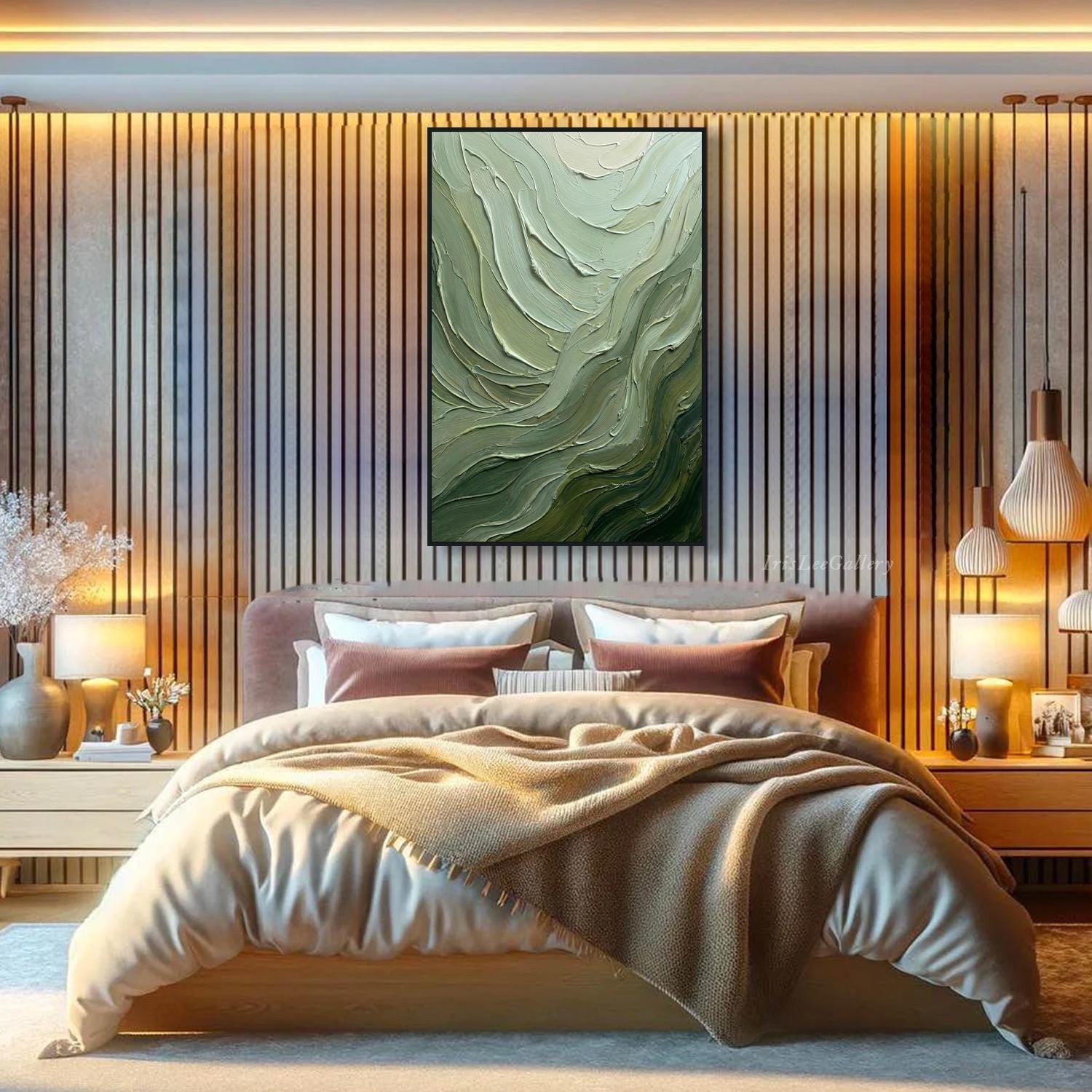 Sage Green Oil Painting on Canvas 3D Impasto Textured Wall Art Handmade ...