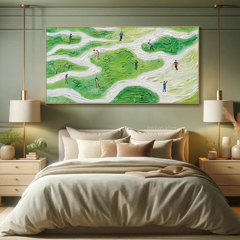 May include: Abstract painting of a golf course with green and white colors.  The painting depicts a group of people playing golf on a green course with white sand traps.