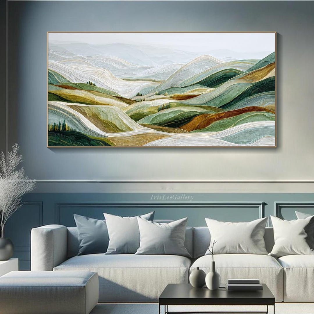 Textured Sage Green Mountain Wall Art Landscape Oil Painting on Canvas ...