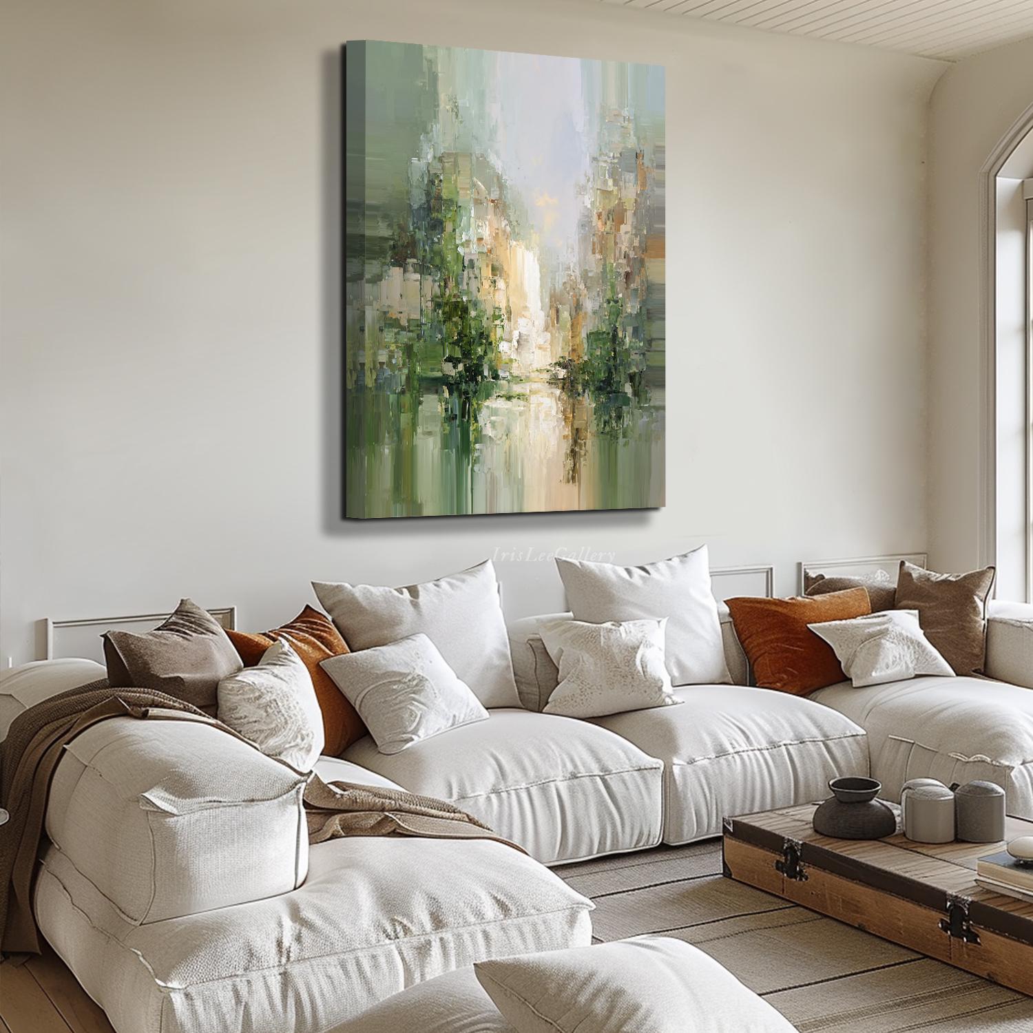 Abstract Landscape Oil Painting on Canvas Green Beige Textured Wall Art ...