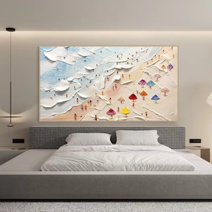 May include: A colorful abstract painting depicting a beach scene with people and umbrellas. The painting is done in a textured style with thick brushstrokes.