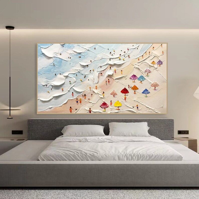 May include: A colorful abstract painting depicting a beach scene with people and umbrellas. The painting is done in a textured style with thick brushstrokes.