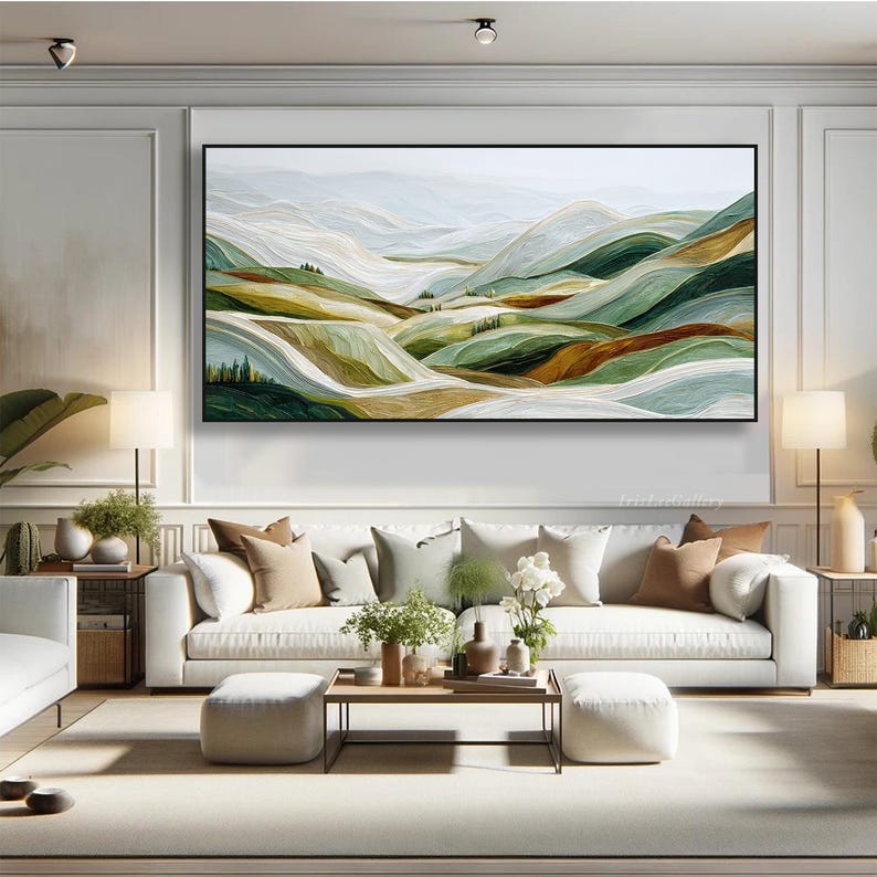 Textured Sage Green Mountain Wall Art Landscape Oil Painting on Canvas ...