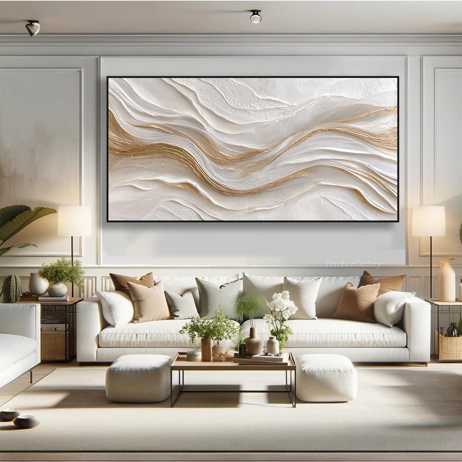 Abstract Oil Painting on Canvas White Gold Textured Wall Art Modern ...