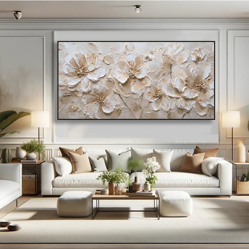 Textured Flower Wall Art Large White Floral Oil Painting on Canvas ...