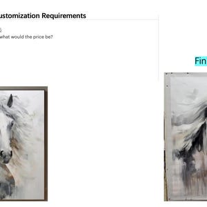 May include: A square canvas painting of a white horse's head with a flowing mane. The artwork is primarily in shades of gray, white, and brown, with a textured, painterly style. The painting is framed in a dark brown frame.