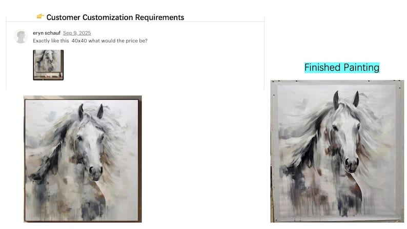 May include: A square canvas painting of a white horse's head with a flowing mane. The artwork is primarily in shades of gray, white, and brown, with a textured, painterly style. The painting is framed in a dark brown frame.