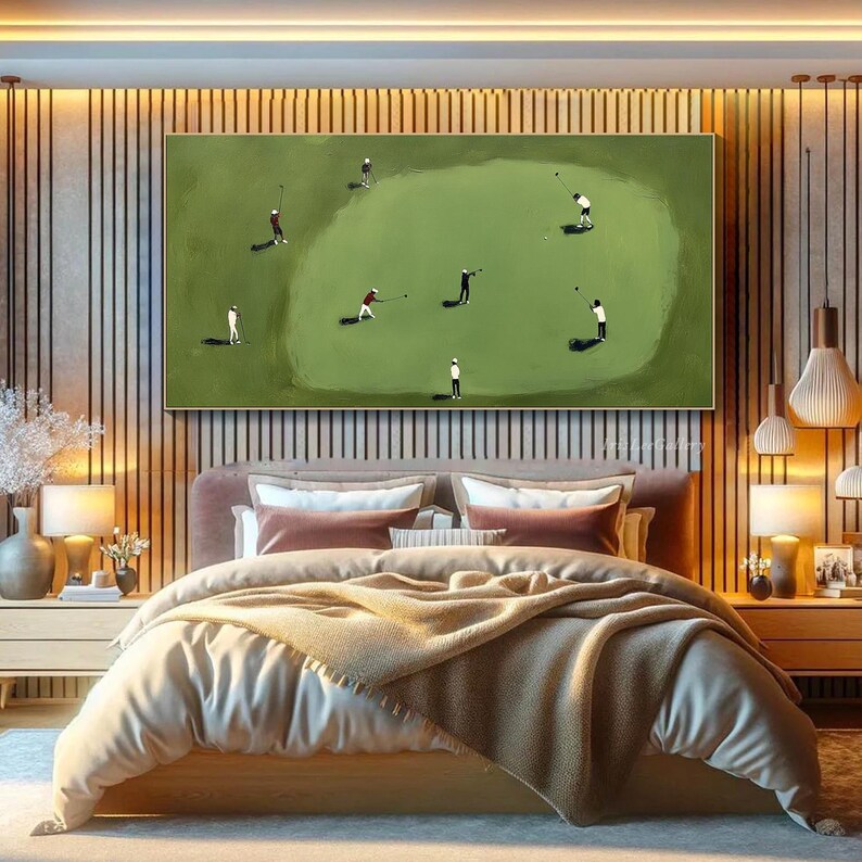 May include: A framed golf-themed painting depicts golfers on a green course. The artwork features a green golf course with several golfers in action. The painting is displayed above a bed with a neutral-toned comforter and pillows, creating a relaxing atmosphere.