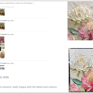 May include: Close-up of two floral paintings. The top painting features white, pink, and red flowers with green leaves. The bottom painting shows similar flowers. The artwork is textured and appears to be oil on canvas. The artwork is custom made.