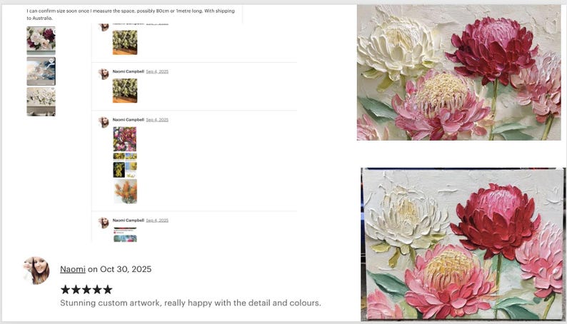 May include: Close-up of two floral paintings. The top painting features white, pink, and red flowers with green leaves. The bottom painting shows similar flowers. The artwork is textured and appears to be oil on canvas. The artwork is custom made.