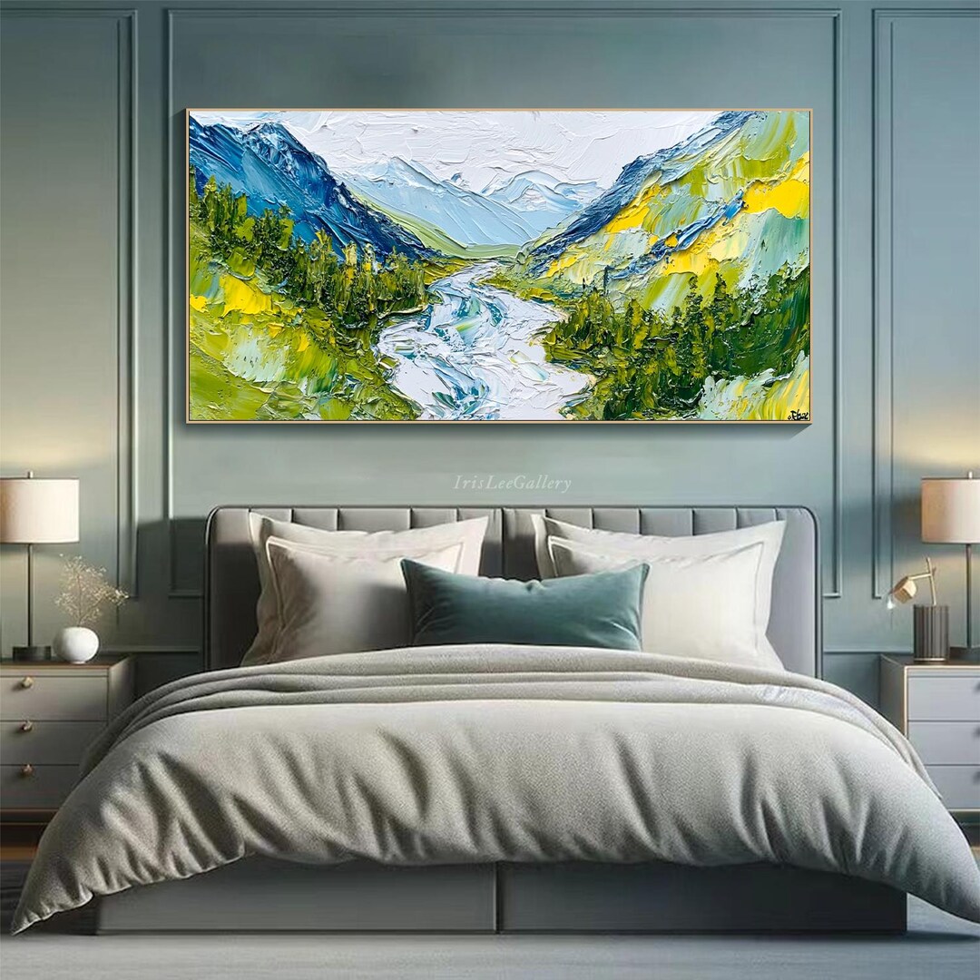 3D Textured Mountain Wall Art Green Landscape Oil Painting on Canvas ...