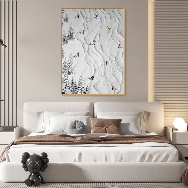 Original Framed 3D Skiing Sport Art Plaster Style Textured Wall Art Personalized Gift For Skiers White Snowboards Paintig Skier Painting image 2