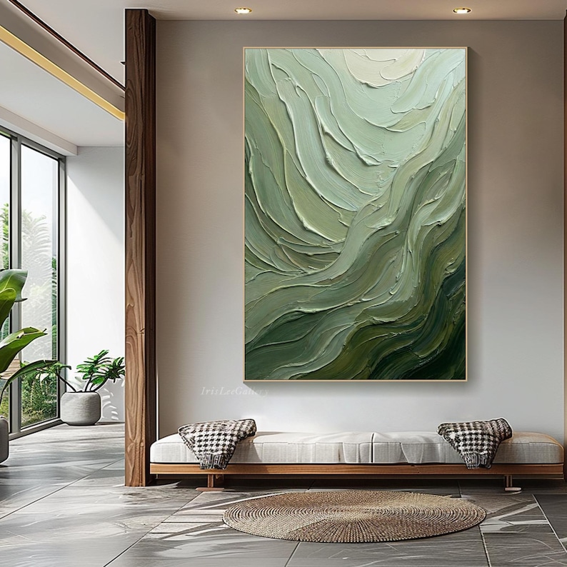 Sage Green Oil Painting on Canvas 3D Impasto Textured Wall Art Handmade ...