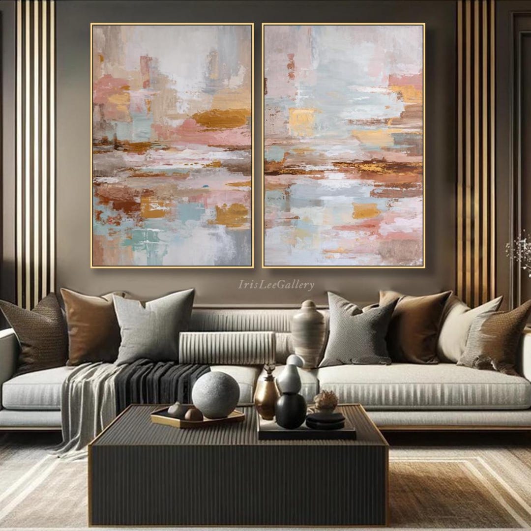 Abstract Texture Diptych Wall Art Gold Leaf Oil Painting on Canvas ...