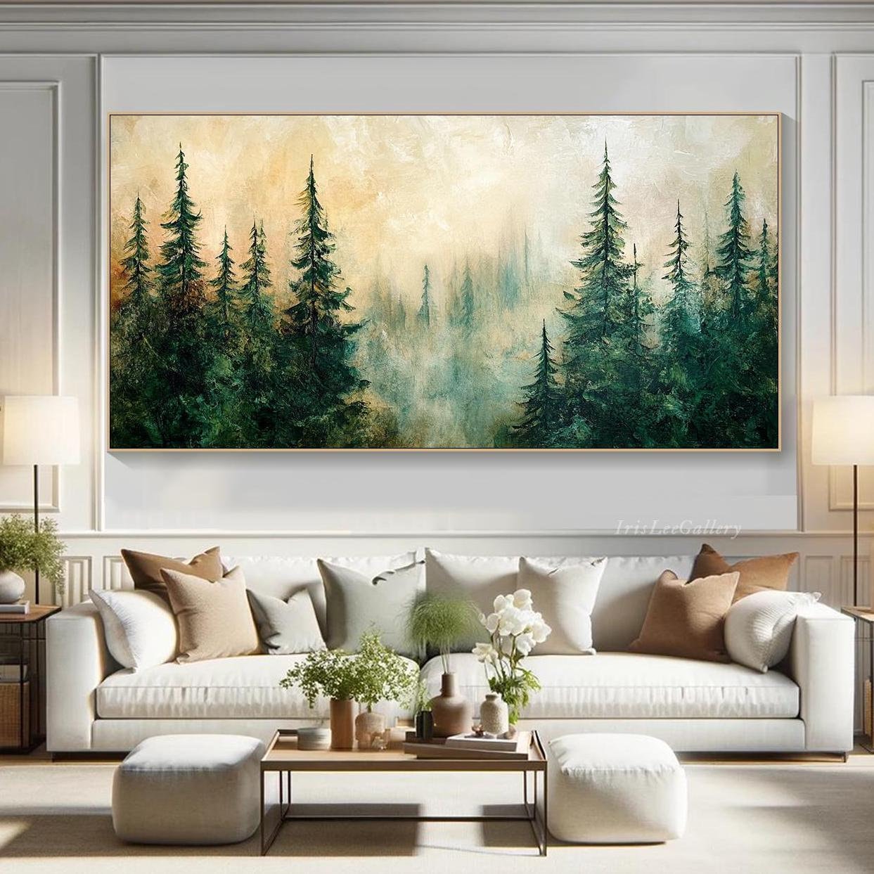 Misty Forest Painting on Canvas 3D Textured Evergreen Tree Wall Art ...
