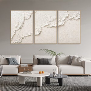 Original 3D White Minimalist Textured Wall Art Triptych Ocean Wave Painting on Canvas Neutural Tone Wabi-Sabi Wall Art Living Room Painting image 7
