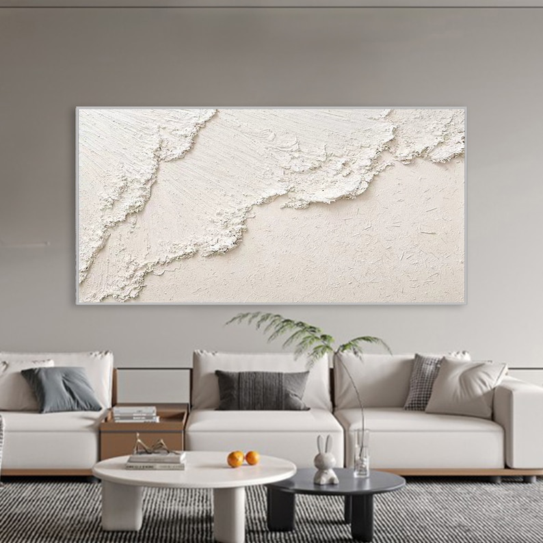 Original 3D White Minimalist Textured Wall Art Triptych Ocean Wave Painting on Canvas Neutural Tone Wabi-Sabi Wall Art Living Room Painting image 2