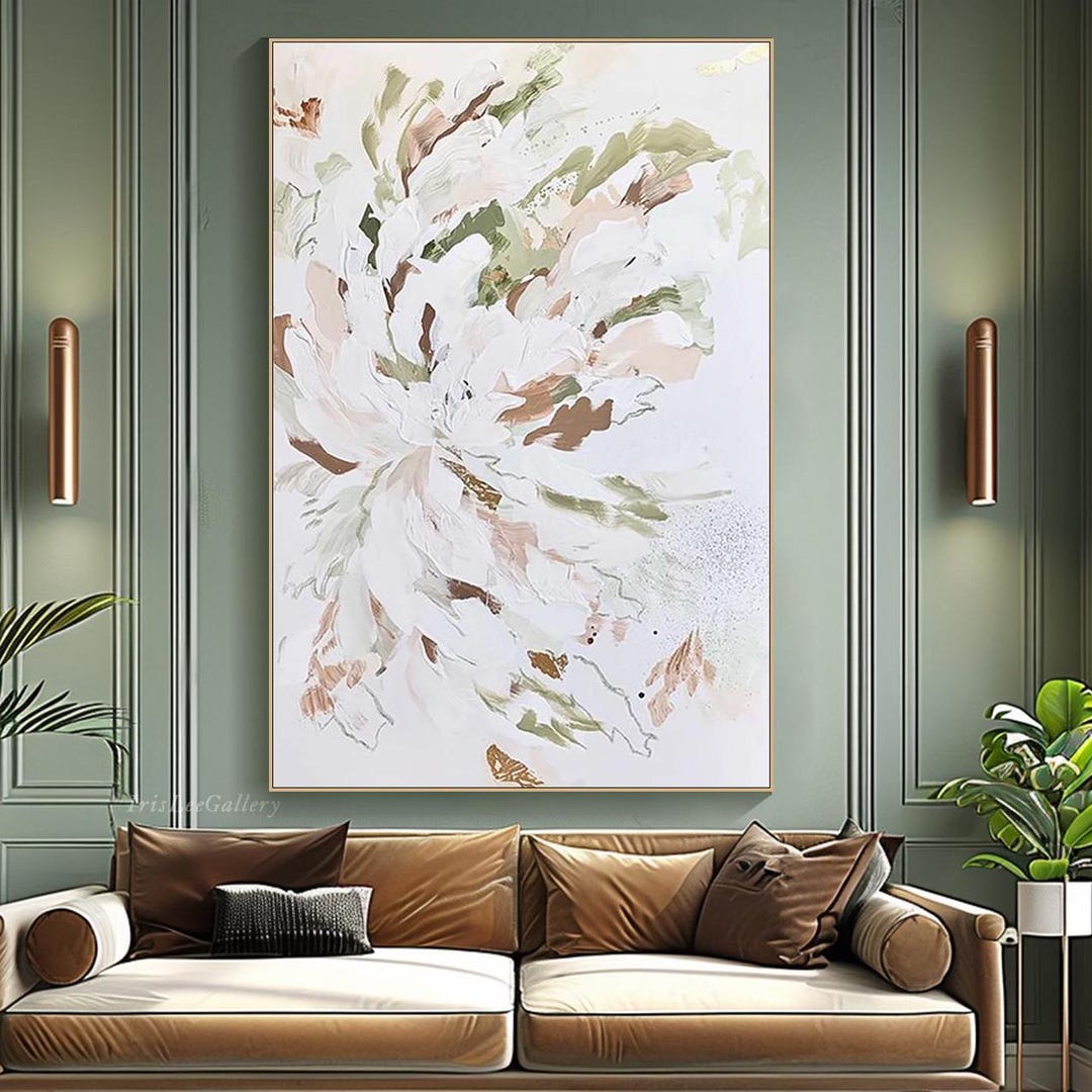 Floral Abstract Oil Painting on Canvas Beige White Textured Wall Art ...