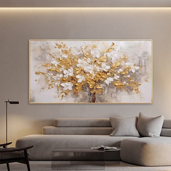 Handgemaltes Ölgemälde Auf Leinwand – Moderne Pfingstrose Mit Goldfolie, Wandfüllende Kunst