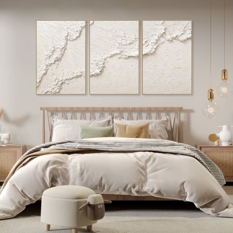 Original 3D White Minimalist Textured Wall Art Triptych Ocean Wave Painting on Canvas Neutural Tone Wabi-Sabi Wall Art Living Room Painting image 5
