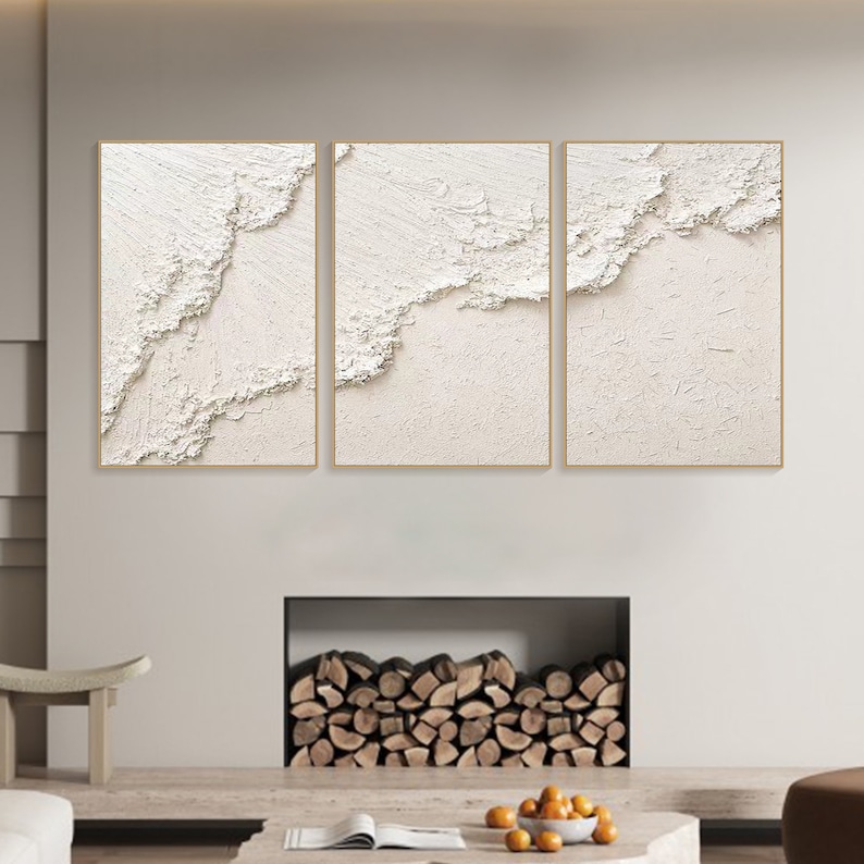 Original 3D White Minimalist Textured Wall Art Triptych Ocean Wave Painting on Canvas Neutural Tone Wabi-Sabi Wall Art Living Room Painting image 3