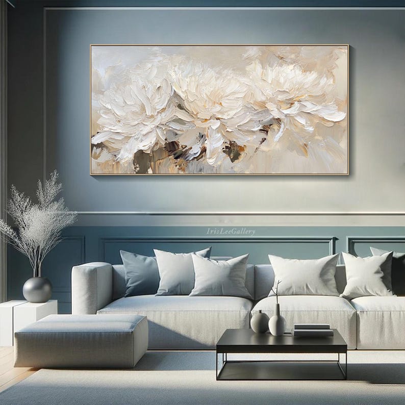 White Flower Oil Painting on Canvas 3D Textured Floral Wall Art Neutral ...