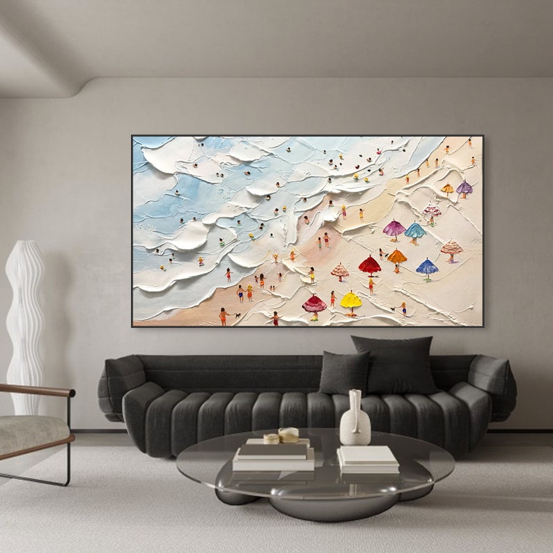May include: A colorful painting depicting a beach scene with people and colorful umbrellas. The painting is done in a textured style, giving the impression of brushstrokes.