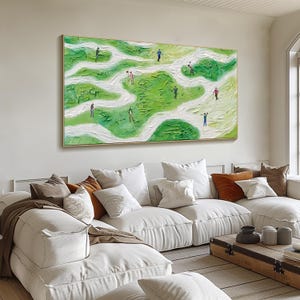 May include: Abstract painting of a golf course with green and white colors.  The painting features a textured, brushstroke style and depicts people playing golf on the course.
